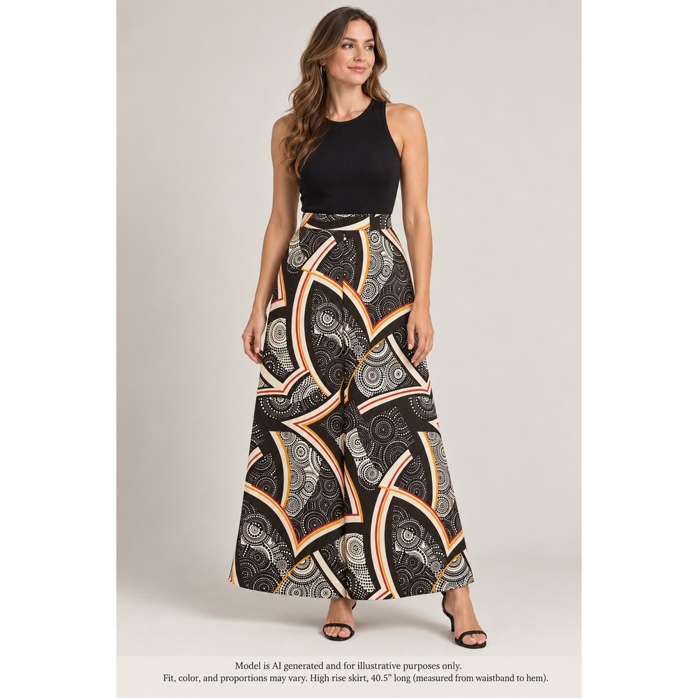 Vintage Handmade Geometric Abstract Print Maxi Skirt Brown/orange XS S 27 Waist